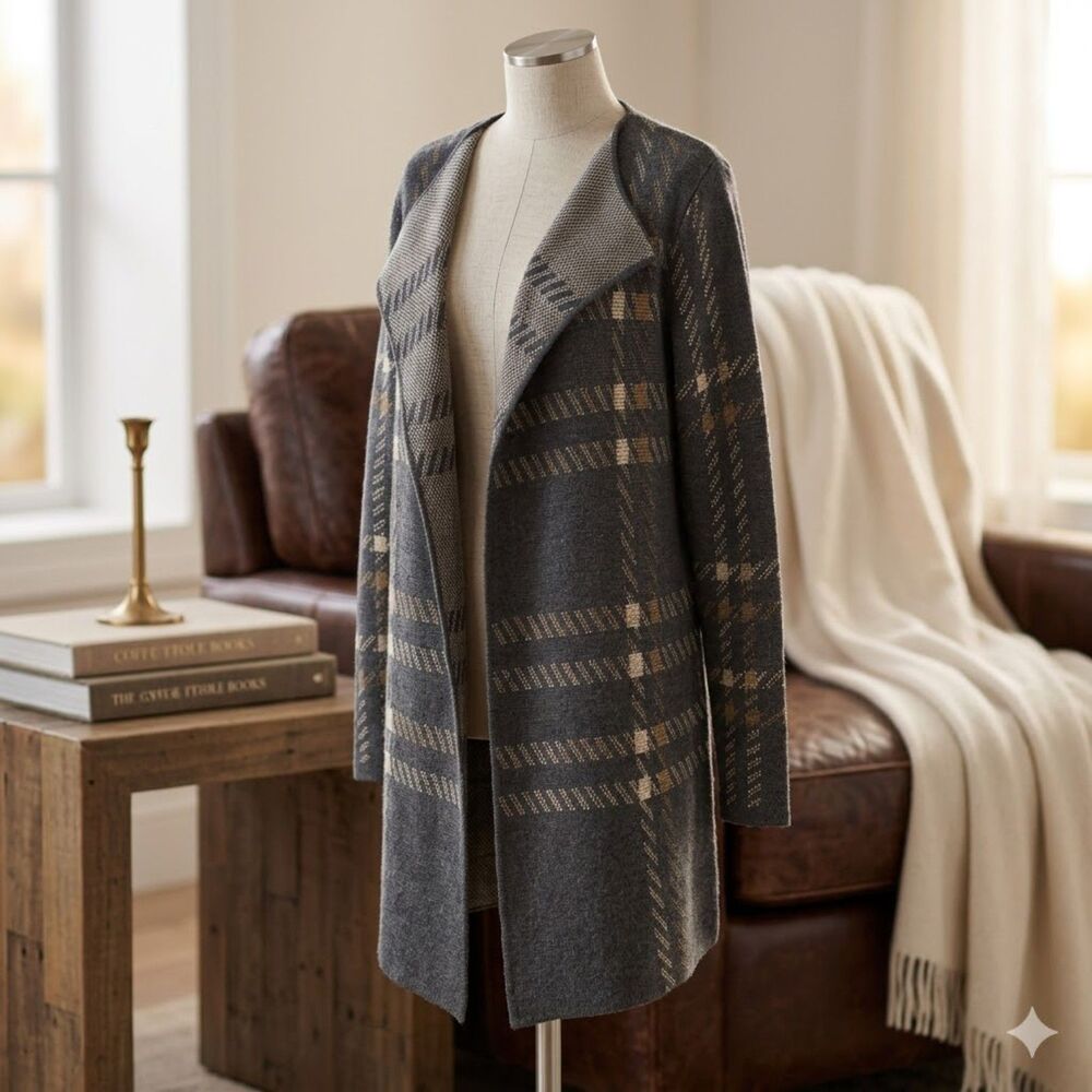 Charter Club Gray Plaid Open Front Duster Cardigan Longline Sweater - Size Small